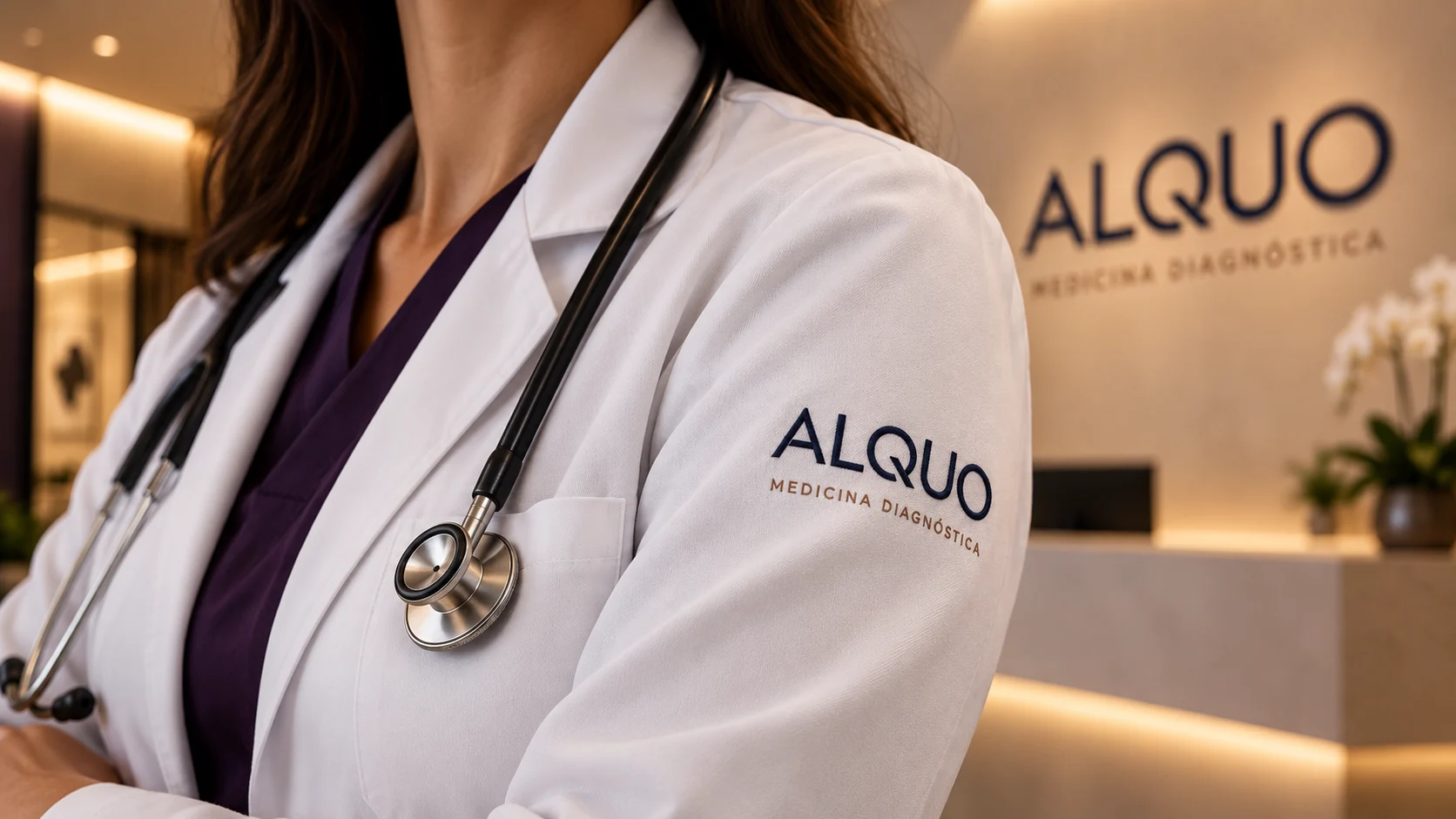Detalhe do jaleco ALQUO com estetoscópio