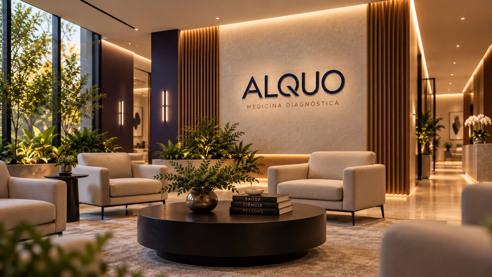 Referência de sala de espera da ALQUO, com poltronas, plantas e o logotipo na parede